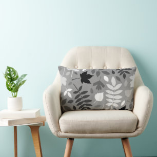 Fallen Leaves Lg Pattern Monochrome on Grey Lumbar Pillow