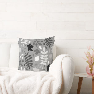 Fallen Leaves Lg Pattern Monochrome on Grey Throw Pillow