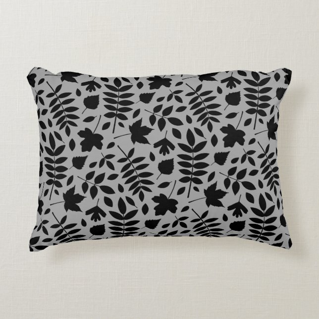 Fallen Leaves Pattern Black on Grey Accent Pillow (Front)