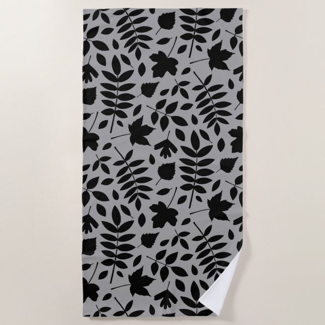 Fallen Leaves Pattern Black on Grey Beach Towel (Front)