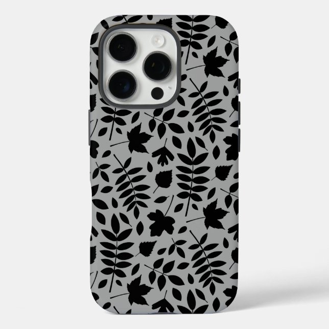 Fallen Leaves Pattern Black on Grey Case-Mate iPhone Case (Back)