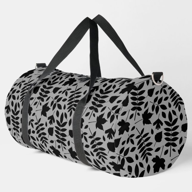 Fallen Leaves Pattern Black on Grey Duffle Bag (Left Corner)