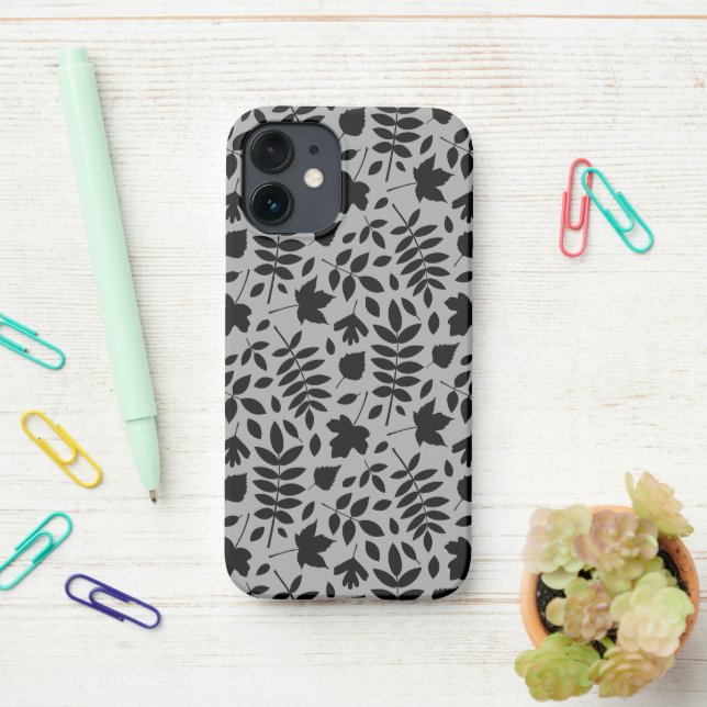 Fallen Leaves Pattern Black on Grey iPhone Case (On Desk)