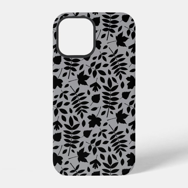 Fallen Leaves Pattern Black on Grey iPhone Case (Back)