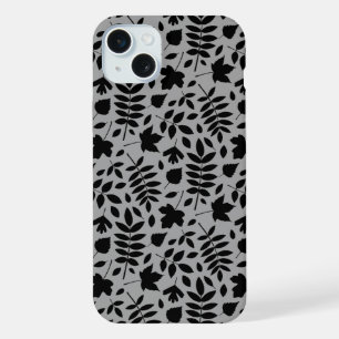 Fallen Leaves Pattern Black on Grey iPhone 15 Plus Case