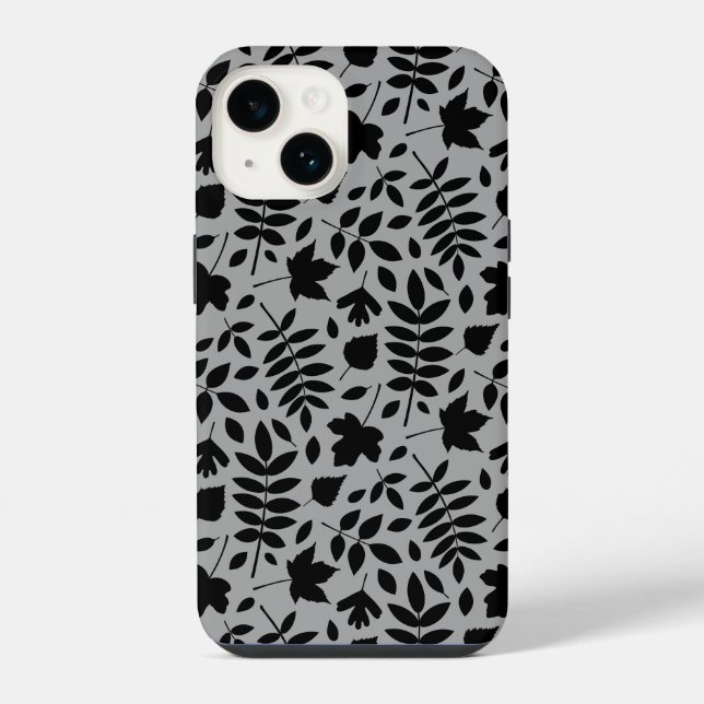 Fallen Leaves Pattern Black on Grey iPhone Case (Back)
