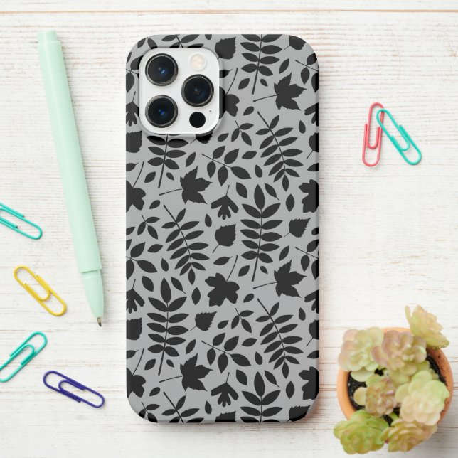 Fallen Leaves Pattern Black on Grey iPhone Case (On Desk)