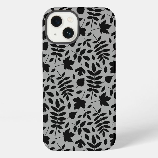 Fallen Leaves Pattern Black on Grey iPhone Case (Back)