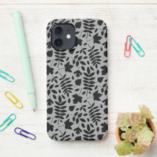 Fallen Leaves Pattern Black on Grey iPhone 12 Case
