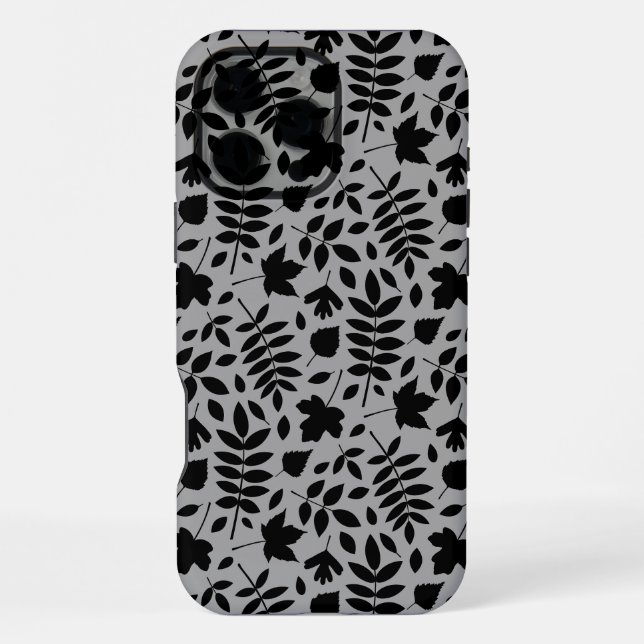 Fallen Leaves Pattern Black on Grey iPhone Case (Back)