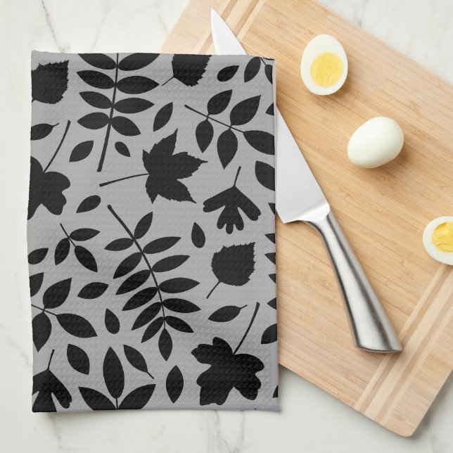 Fallen Leaves Pattern Black on Grey Kitchen Towel (Quarter Fold)