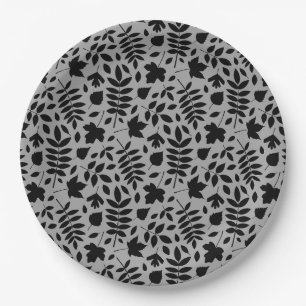 Fallen Leaves Pattern Black on Grey Paper Plate