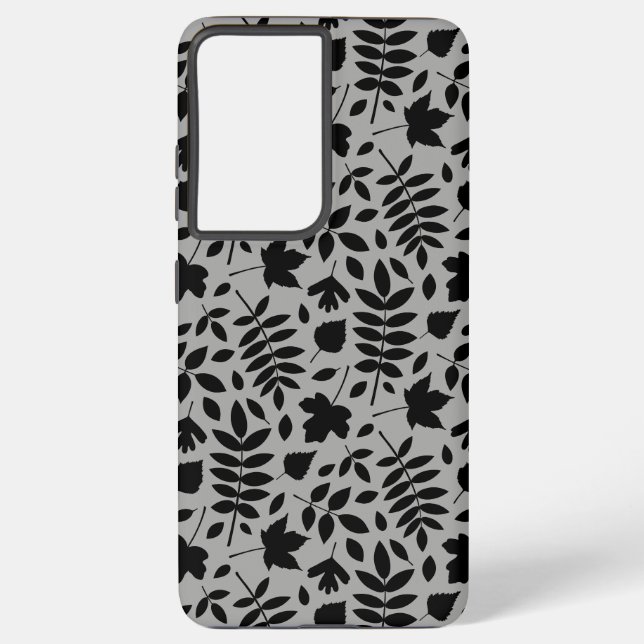 Fallen Leaves Pattern Black on Grey Samsung Galaxy S21+ Case (Back)