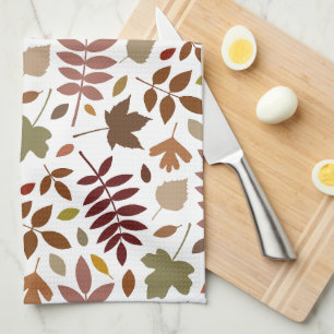 Fallen Leaves Pattern Fall Colours on White Kitchen Towel
