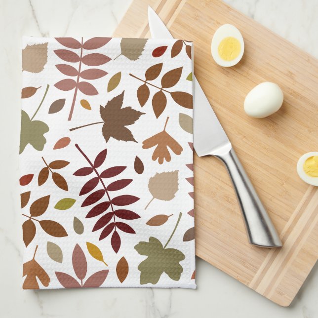 Fallen Leaves Pattern Fall Colours on White Kitchen Towel (Quarter Fold)