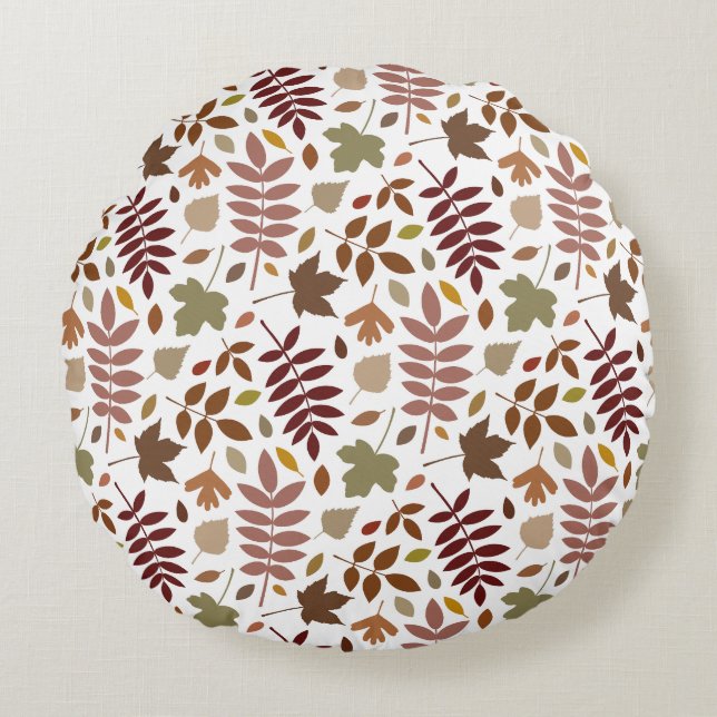 Fallen Leaves Pattern Fall Colours on White Round Pillow (Front)