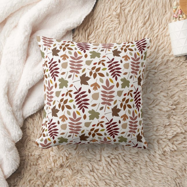 Fallen Leaves Pattern Fall Colours on White Throw Pillow (Blanket)