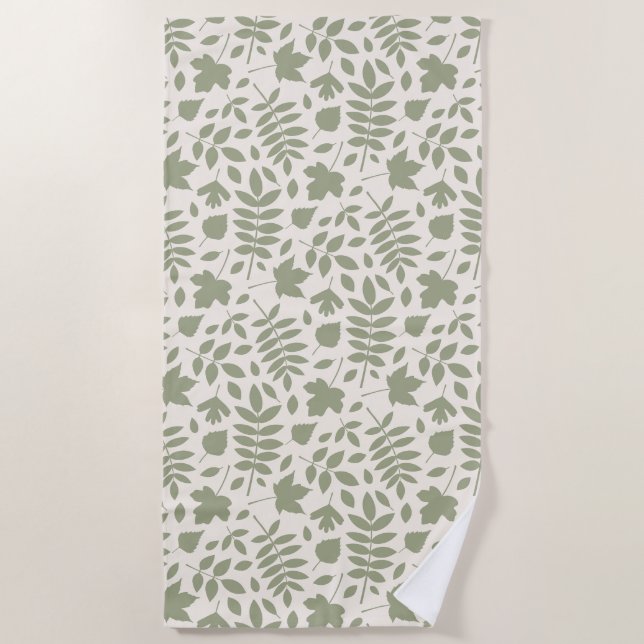 Fallen Leaves Pattern Green on Cream Beach Towel (Front)