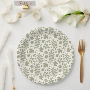 Fallen Leaves Pattern Green on Cream Paper Plate