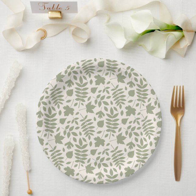 Fallen Leaves Pattern Green on Cream Paper Plate (Wedding)