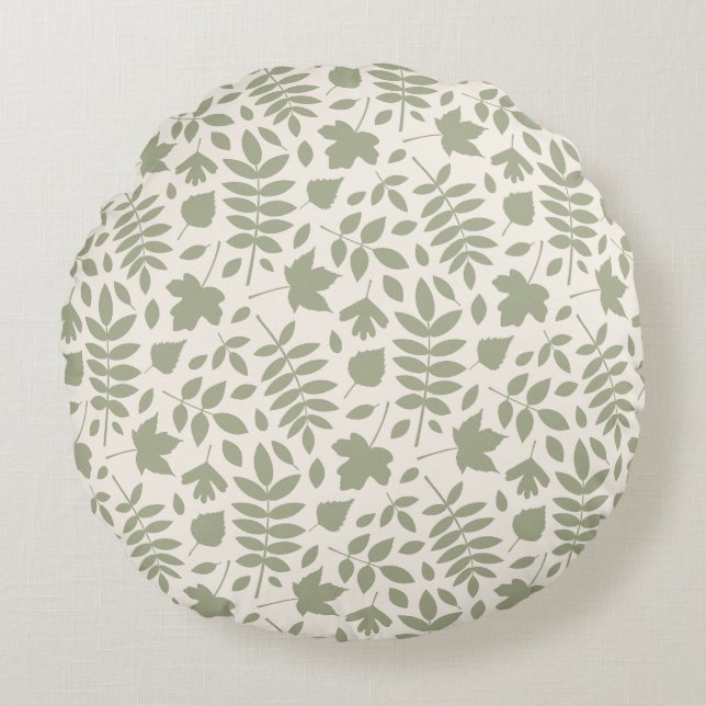 Fallen Leaves Pattern Green on Cream Round Pillow (Front)