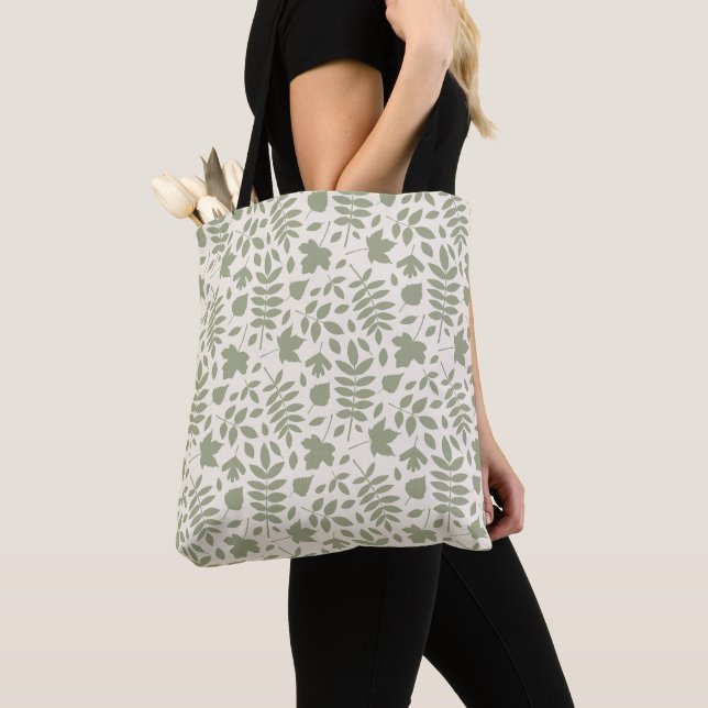 Fallen Leaves Pattern Green on Cream Tote Bag (Close Up)