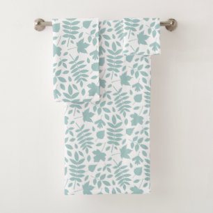Fallen Leaves Pattern Lt Teal on White Bath Towel Set