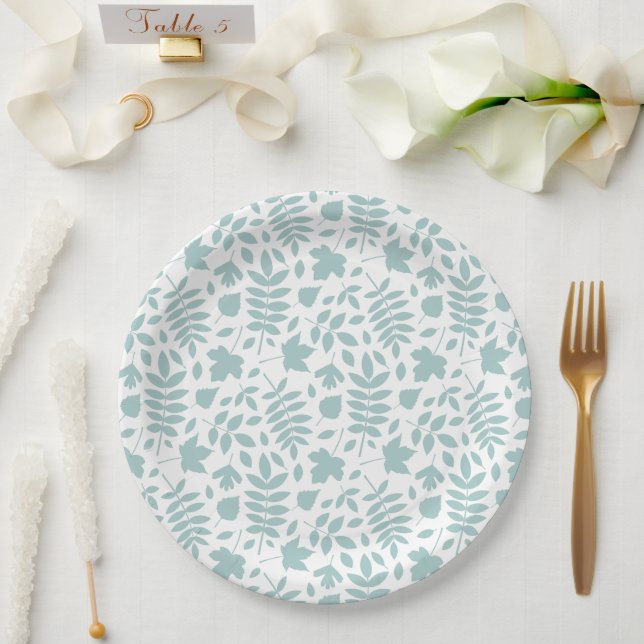 Fallen Leaves Pattern Lt Teal on White Paper Plate (Wedding)