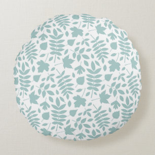 Fallen Leaves Pattern Lt Teal on White Round Pillow