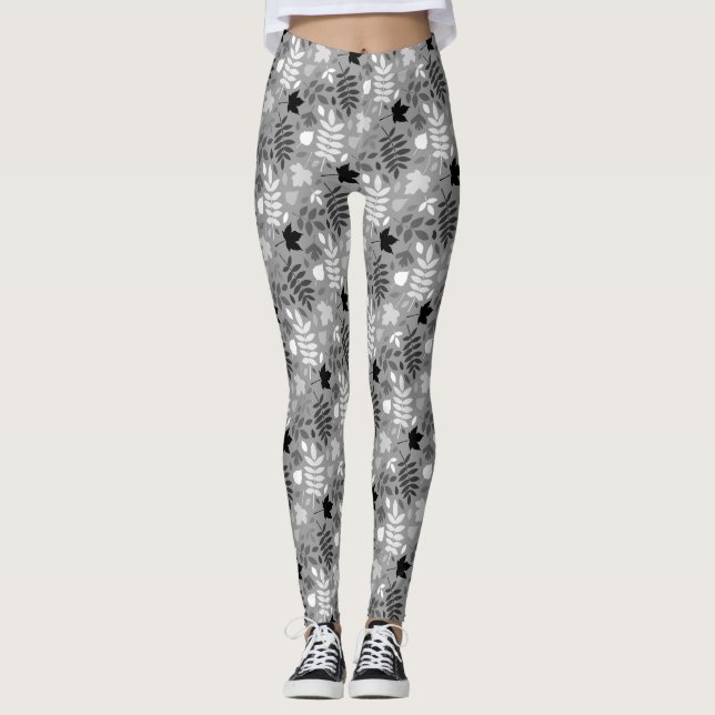 Fallen Leaves Pattern Monochrome on Grey Leggings (Front)
