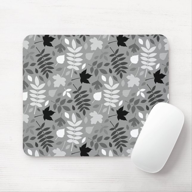 Fallen Leaves Pattern Monochrome on Grey Mouse Pad (With Mouse)