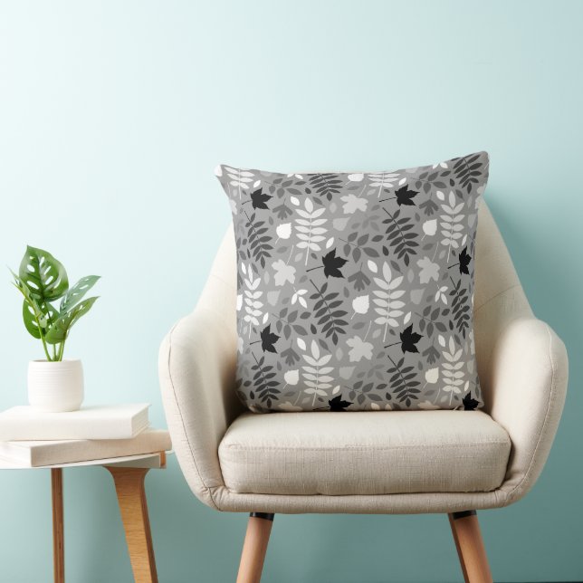 Fallen Leaves Pattern Monochrome on Grey Throw Pillow (Chair)