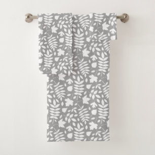 Fallen Leaves Pattern White on Grey Bath Towel Set