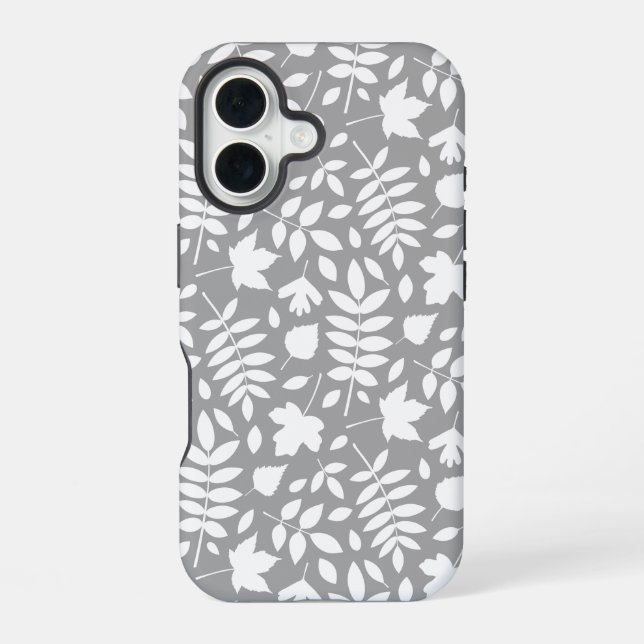 Fallen Leaves Pattern White on Grey iPhone 16 Case (Back)