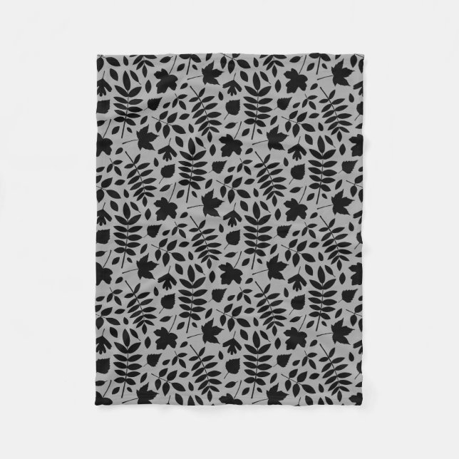 Fallen Leaves Rpt Pattern Black on Grey Fleece Blanket (Front)