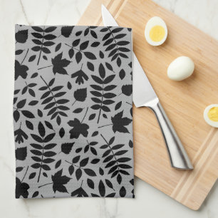 Fallen Leaves Rpt Pattern Black on Grey Kitchen Towel