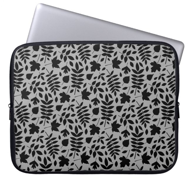 Fallen Leaves Rpt Pattern Black on Grey Laptop Sleeve (Front)