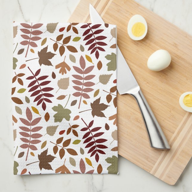 Fallen Leaves Rpt Pattern Fall Colours on White Kitchen Towel (Quarter Fold)