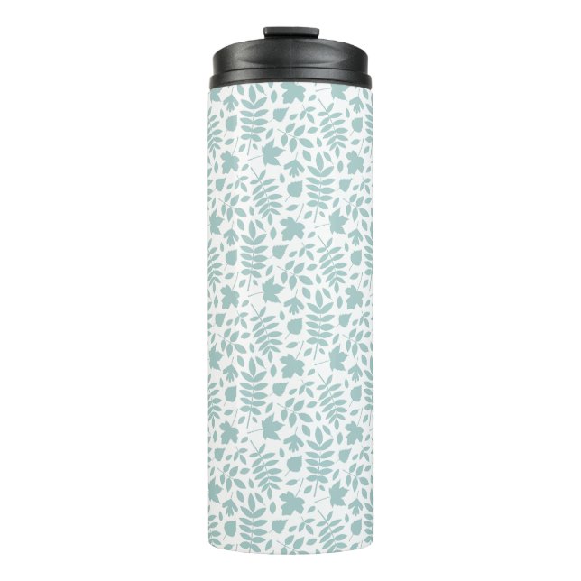 Fallen Leaves Rpt Pattern Lt Teal on White Thermal Tumbler (Front)