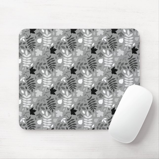 Fallen Leaves Rpt Pattern Monochrome on Grey Mouse Pad (With Mouse)