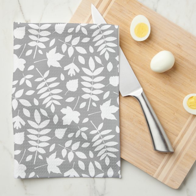 Fallen Leaves Rpt Pattern White on Grey Kitchen Towel (Quarter Fold)