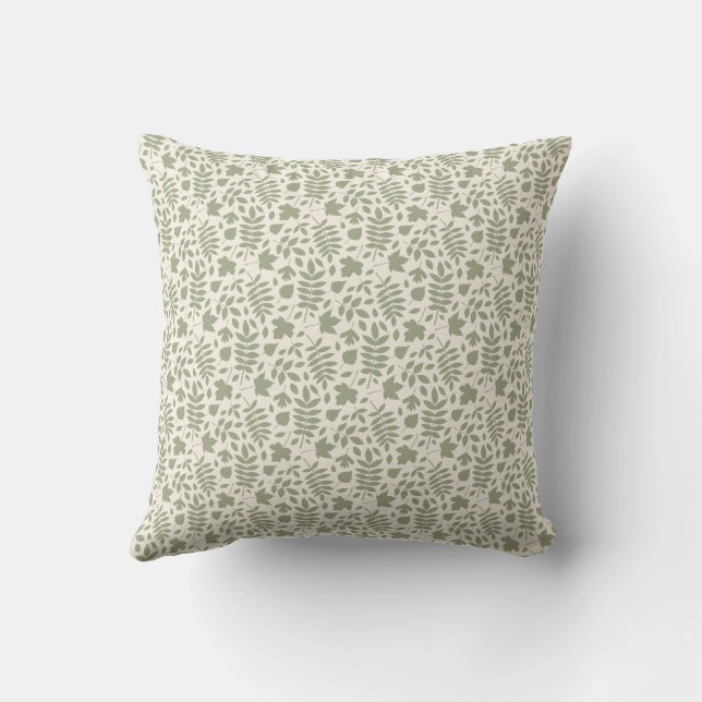 Fallen Leaves Sml Pattern Green on Cream Throw Pillow (Back)