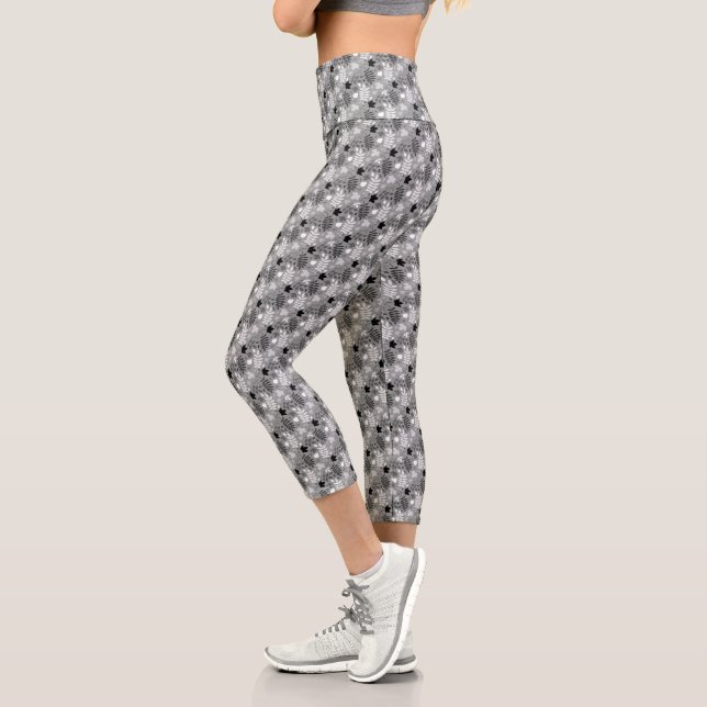 Fallen Leaves Sml Pattern Monochrome on Grey Capri Leggings (Left)
