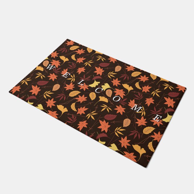 Falling Autumn Leaves Doormat - Welcome (Angled)
