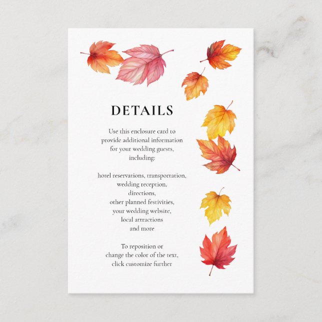Falling Autumn Leaves Wedding Invite, Details Enclosure Card (Front)
