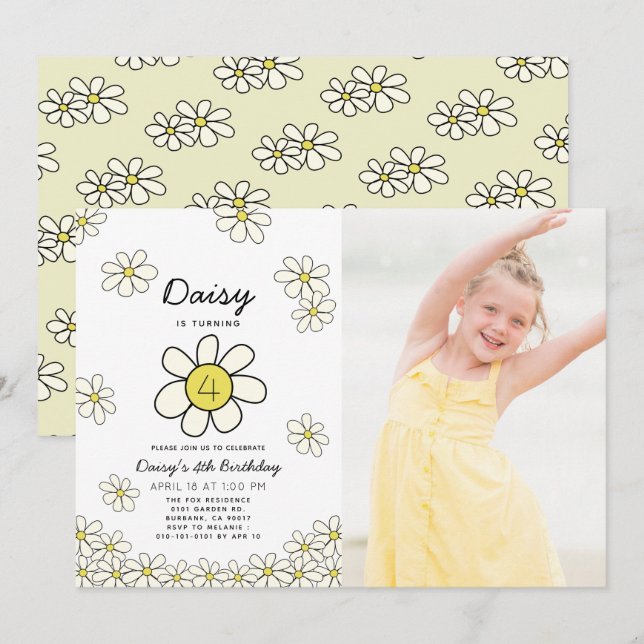 Falling Daisies White Floral Photo Birthday Invitation (Front/Back)
