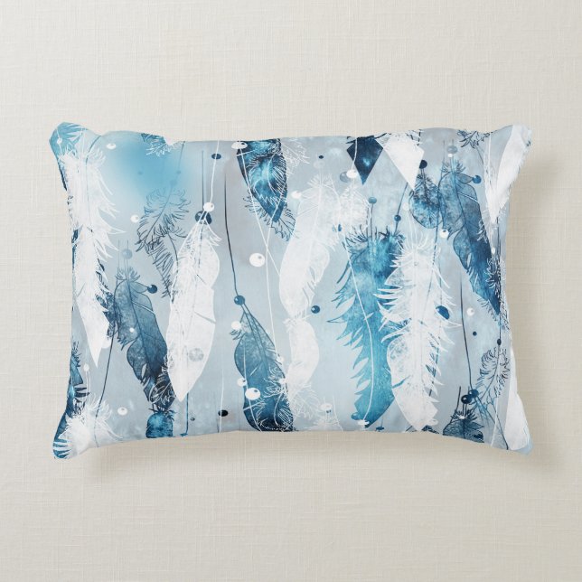 Falling Feathers: Blue Watercolor Seamless Accent Pillow (Front)