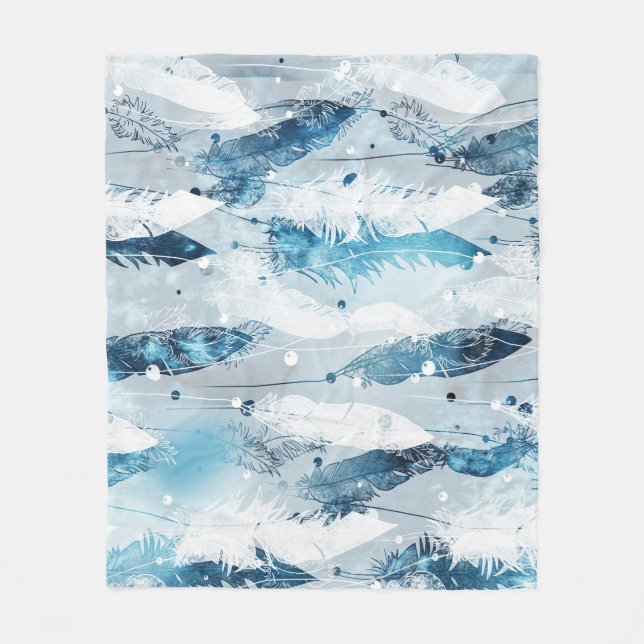 Falling Feathers: Blue Watercolor Seamless Fleece Blanket (Front)