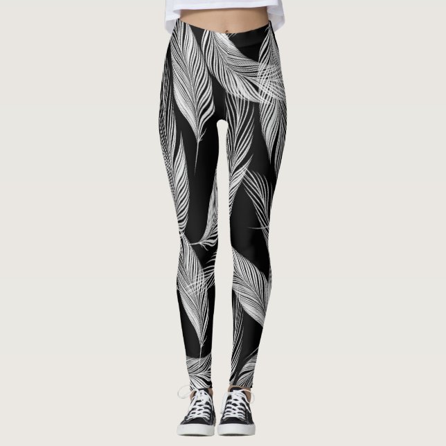 Falling Feathers In Black And White Leggings (Front)