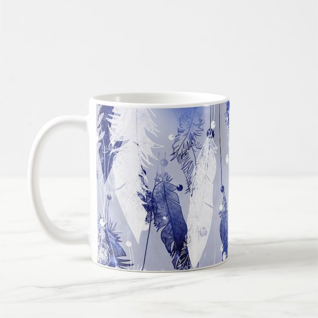 Falling feathers: watercolor blue pattern. coffee mug (Left)